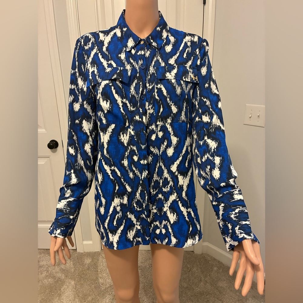 Blue and White Patterned Women's Top. Designer blouse by Halston.